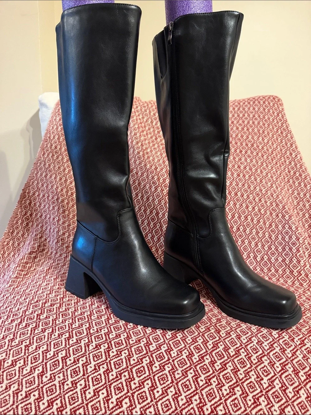ISNOM Chunky Black Knee Platform Boots with Block Heel